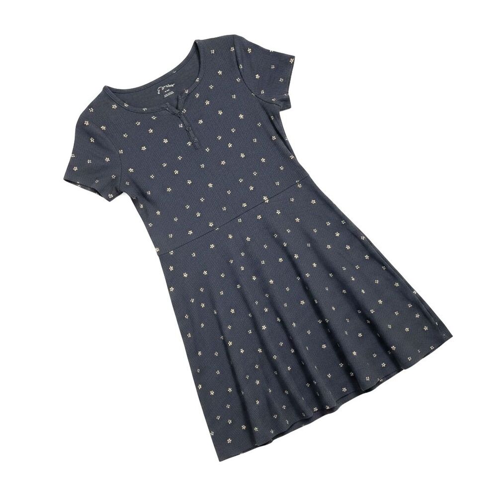 Art Class Rib Knit Dress Henley Fit Flare Daisy Floral Short Sleeve Blue XL 14